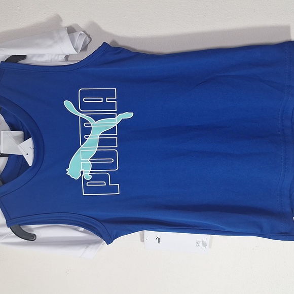 Puma Kids Tee Tank Shorts Set White and Blue Logo 3 Piece Set - Picture 3 of 11